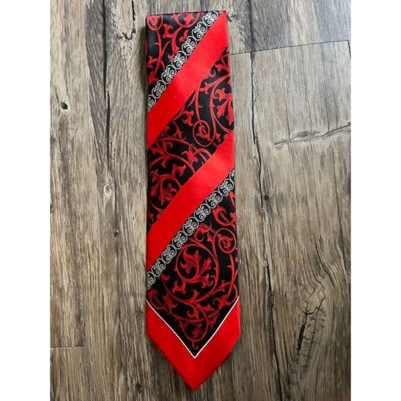 Porta Rossa Mens Black and Red Paisley Stripe Design Neck Tie - Picture 1 of 3